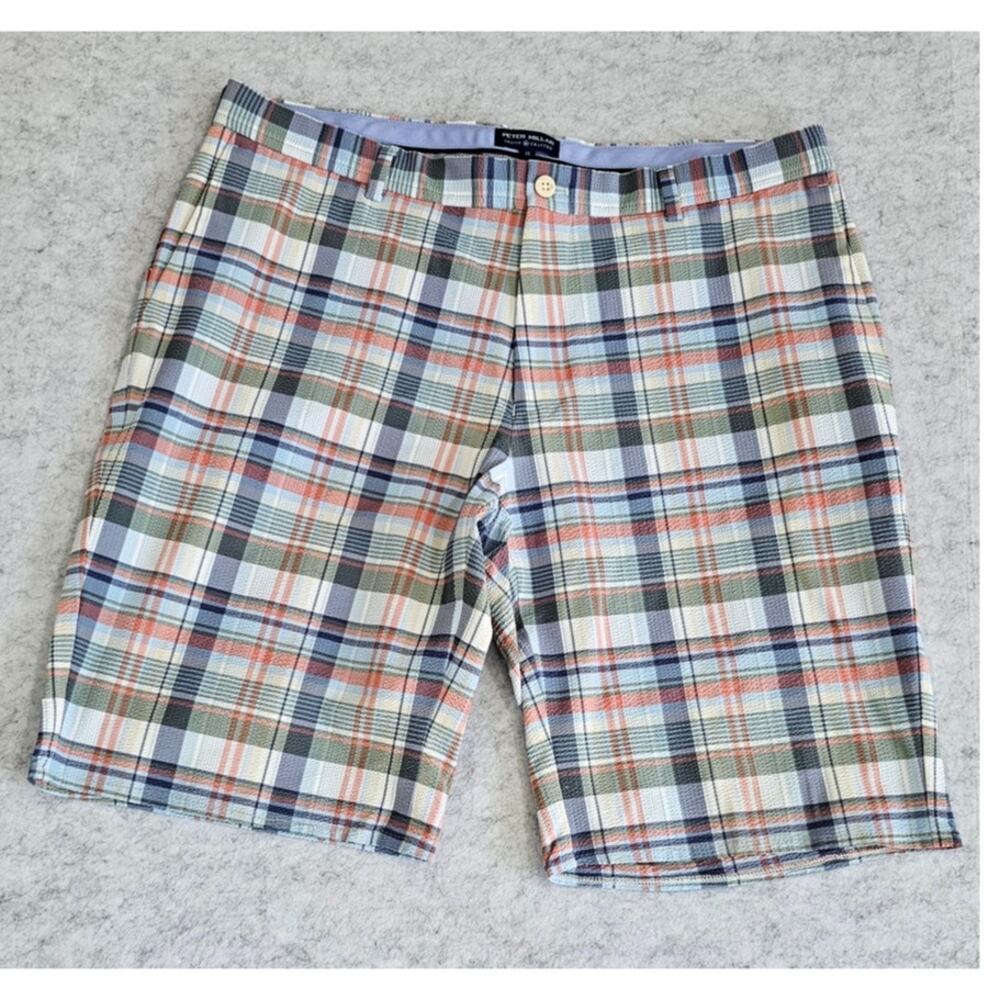 Peter Millar Crown Crafted Plaid Golf Shorts Galaxy Blue Performance, Sz 35